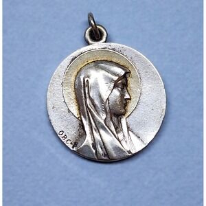Vintage French Lourdes Medal OBC Signed Silver Tone 1" Pendant